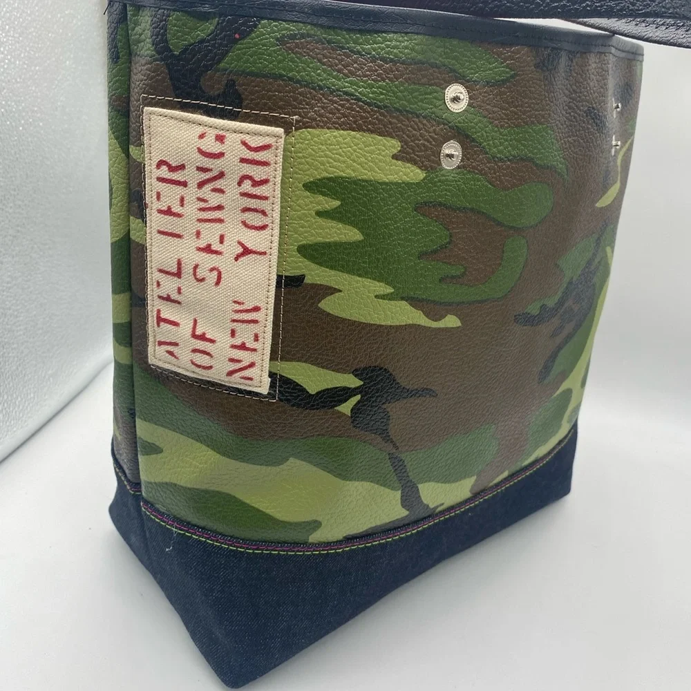 HANDMADE Unisex Camouflage Vegan Leather/ Denim Tote Bag.OS